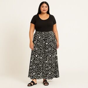 MAGIC Black White Geometric Print Maxi Skirt Size 1X